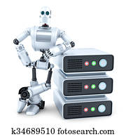Engineer with stack of servers. Isolated. Contains clipping path Engineer with stack of servers. Isolated. Contains clipping path