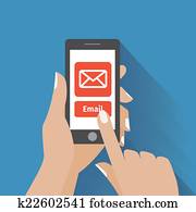 Hand touching smart phone with Email symbol on the screen Hand touching smart phone with Email symbol on the screen