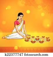 mulher, queimadura, diya, para, indianas, festival, Diwali