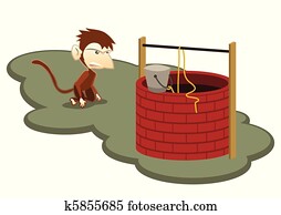 Thristy Monkey and Water Well Illustration in Vector