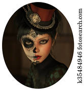 Half Catrina Makeup, 3d CG Half Catrina Makeup, 3d CG