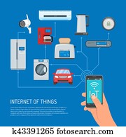 אינטרנט, של, דברים, וקטור, מושג, דוגמה, ב, דירה, עצב