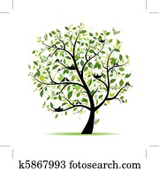 קפוץ, עץ, ירוק, עם, צפרים, ל, שלך, עצב