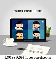 arbeit, von, home,, mitarbeitergruppe, laptop benutzend, für, on-line- sitzung, in, konferenz, video, call., leute, hause, in, quarantine., zeichen, karikatur, vektor, abbildung arbeit, von, home,, mitarbeitergruppe, laptop benutzend, für, on-line- sitzung, in, konferenz, video, call., leute, hause, in, quarantine., zeichen, karikatur, vektor, abbildung