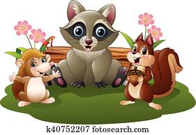 Cartoon funny hedgehog, raccoon Cartoon funny hedgehog, raccoon
