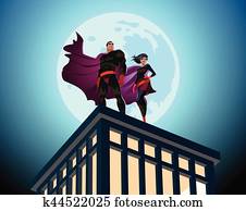 Superhero Couple. Male and female superheroes. Cloudy sky. Vector illustration Superhero Couple. Male and female superheroes. Cloudy sky. Vector illustration