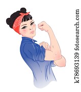 We can do it. Design inspired by classic vintage feminist poster. Woman empowerment. Vector Illustration in cartoon style. Asian girl with her fist raised up.