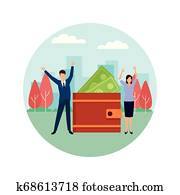 business couple with wallet and bills round icon
