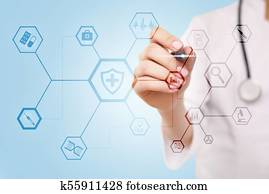 concepto médico, en, virtual, screen., healthcare., médico en línea, consulta, y, cheque de salud, emr, ehr.