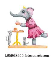 Cute watercolor girl elephant in a pink dress. Tea party. Cute watercolor girl elephant in a pink dress. Tea party.