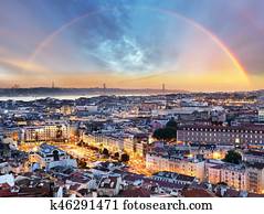 lisboa, com, arco íris, -, lisboa, cityscape, portugal
