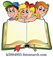três crianças, com, aberta, livro