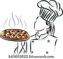 WOMAN CHEF COOKER WITH PIZZA ILLUSTRATION WOMAN CHEF COOKER WITH PIZZA ILLUSTRATION