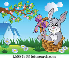 春天, 草地, 带, bunny, 在中, 篮子