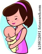 母親, breastfeeding, 她, baby., 矢量, 插圖