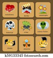 映画館 ジャンル アイコン セット 映画撮影 平ら 催し物 喜劇 劇 Thriller 映画 生産 シンボル ベクトル Illustration クリップアート 切り張り イラスト 絵画 集 K Fotosearch