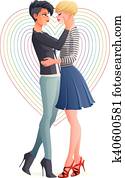 Cheerful beautiful gay lesbian homosexual couple. Vector illustration.