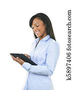 Happy woman with tablet computer