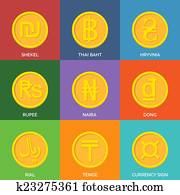Flat Golden Coins. Currency Icons.