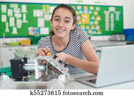 Portrait Of Female Pupil Studying Robotics In Science Lesson Portrait Of Female Pupil Studying Robotics In Science Lesson