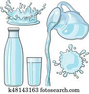 Splashing and pouring water, bottle, jug, glass, isolated vector illustration Splashing and pouring water, bottle, jug, glass, isolated vector illustration