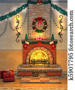 Weihnachten, kaminofen, herd, mit, kranz, und, strümpfe Stock Foto