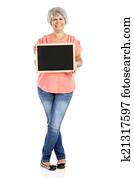 Old woman holding a chalkboard