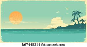 Tropical island paradise. Vintage poster background with palms and sea waves Tropical island paradise. Vintage poster background with palms and sea waves