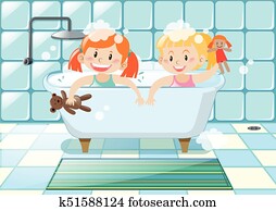 två flickor, tagande, luftbubbla bada