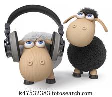 3d illustration sheep listen to the music 3d illustration sheep listen to the music