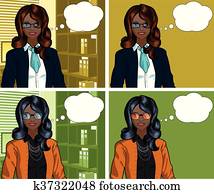 afrikanisch, geschäftsfrau, platzen kunst, komiker