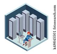 Data center icon, system administrator. Man sitting at the computer in server room. Vector illustration in isometric projection, isolated on white. Data center icon, system administrator. Man sitting at the computer in server room. Vector illustration in isometric projection, isolated on white.