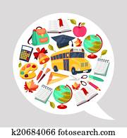 School background with education icons and symbols.