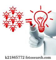 teamwork light bulbs concept drawn by 3d man