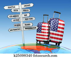Travel concept. Suitcases and signpost what to visit in USA Travel concept. Suitcases and signpost what to visit in USA