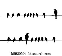 vetorial, silhuetas, de, a, pássaros, ligado, fio