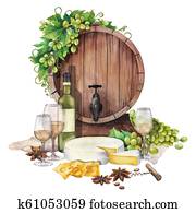 וואטארכולור, חבית, עם, משקפיים של יין, ו, bottle,, גבינה, ו, ענבים