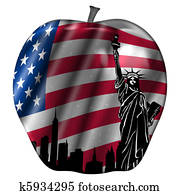 großer apfel, mit, usa markierung, und, new york skyline