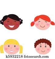 multikulturell, kindern, köpfe, -, freigestellt, weiß