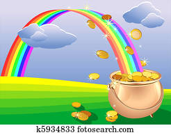 vektor, goldtopf, geldmünzen, und, regenbogen, auf, dass, feld