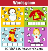 Christmas and New Year theme word game for kids and toddlers. Educational children game. Christmas and New Year theme word game for kids and toddlers. Educational children game.