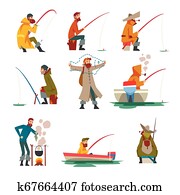 Fisherman Fishing with Fishing Rod and Cooking Soup on Bonfire Vector Illustration Fisherman Fishing with Fishing Rod and Cooking Soup on Bonfire Vector Illustration