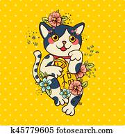 Happy Japanese cat Maneki-neko flowered. Happy Japanese cat Maneki-neko flowered.