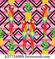 Parrot and Pineapple Seamless Pattern. Black Ornament. Tropical Summer Illustration for wallpaper, background, wrapper or textile Parrot and Pineapple Seamless Pattern. Black Ornament. Tropical Summer Illustration for wallpaper, background, wrapper or textile