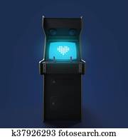 vintage arcade game machine cabinet with pixel heart icon colorful controllers and screen isolated.