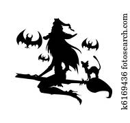 abbildung, von, a, hexe, mit, halloween, elements., eins, color. abbildung, von, a, hexe, mit, halloween, elements., eins, color.