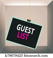 Conceptual hand writing showing Guest List. Business photo text a list of showing who are allowed to enter the show or an event Stamp stuck binder clip square color frame rounded tip. Conceptual hand writing showing Guest List. Business photo text a list of showing who are allowed to enter the show or an event Stamp stuck binder clip square color frame rounded tip.