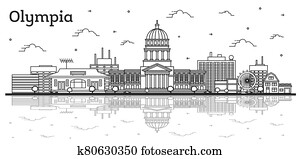 Outline Olympia Washington City Skyline with Modern Buildings and Reflections Isolated on White. Outline Olympia Washington City Skyline with Modern Buildings and Reflections Isolated on White.