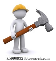 3d, bauhofarbeiter, mit, hammer