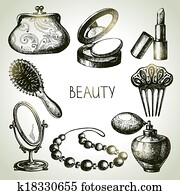 Beauty sketch icon set. Vintage hand drawn vector illustrations of cosmetics Beauty sketch icon set. Vintage hand drawn vector illustrations of cosmetics